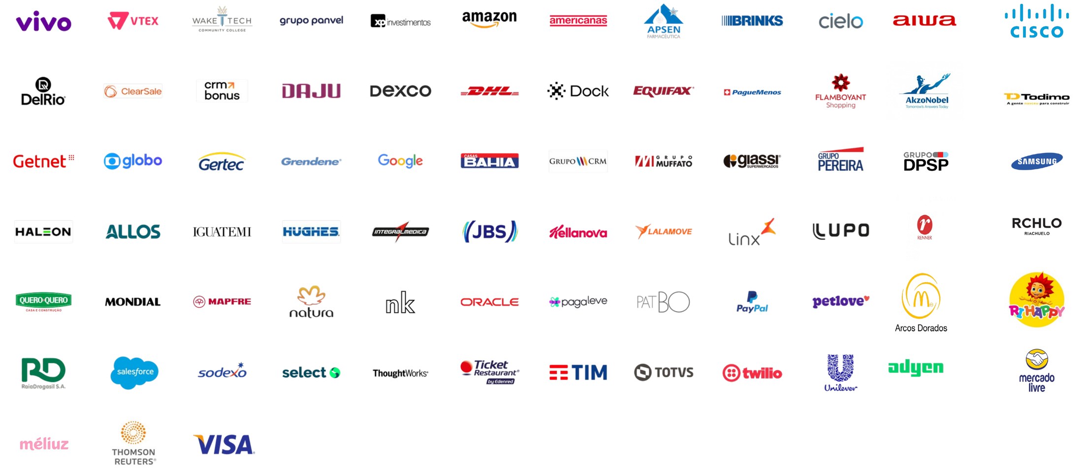 Logotipos das marcas que já fizeram parte da Delegação Gouvêa, entre elas Vivo, Amazon, Google, Cisco, Natura, Visa, Lojas Renner e Magazine Luiza
